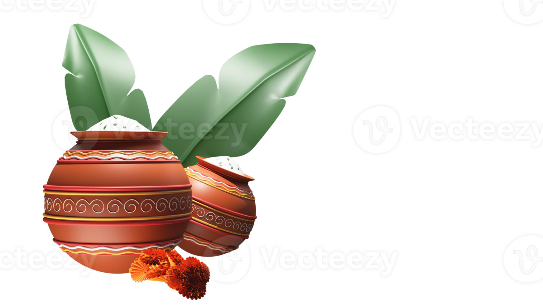 3D Mud Pot Full Of Grain Flour With Banana Leaves, Marigold Flowers And Copy Space. png