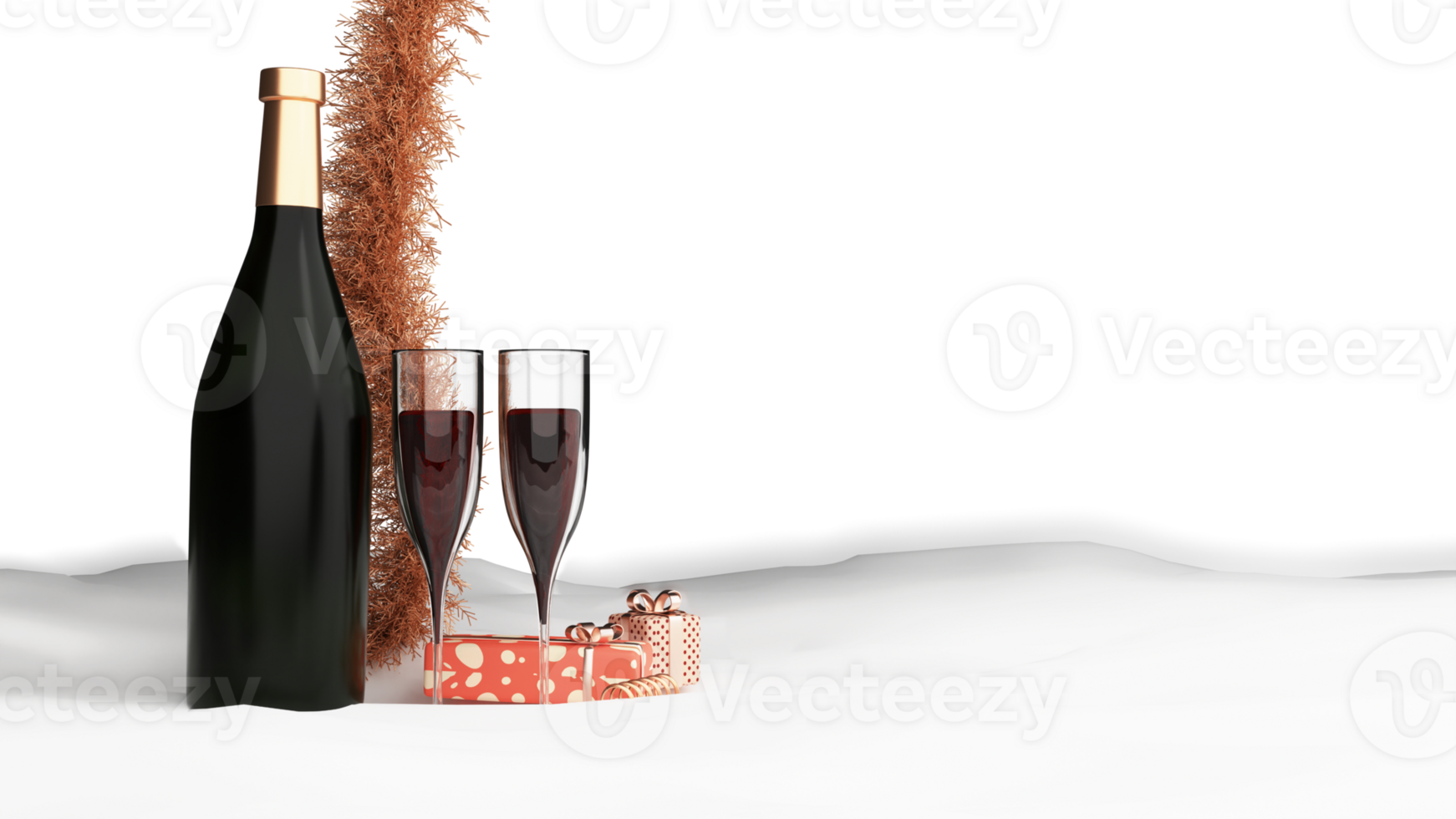 3D Render Of Champagne Bottle With Flute Glasses, Gift Boxes And Copy Space. png