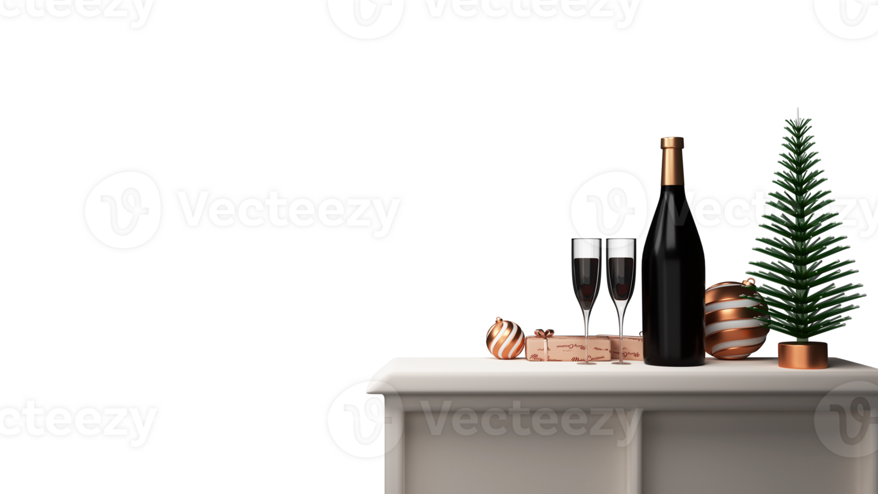 3D Render Of Christmas Or Spruce Tree With Champagne Bottle, Flute Glasses, Baubles, Gift Boxes On Desk And Copy Space. png