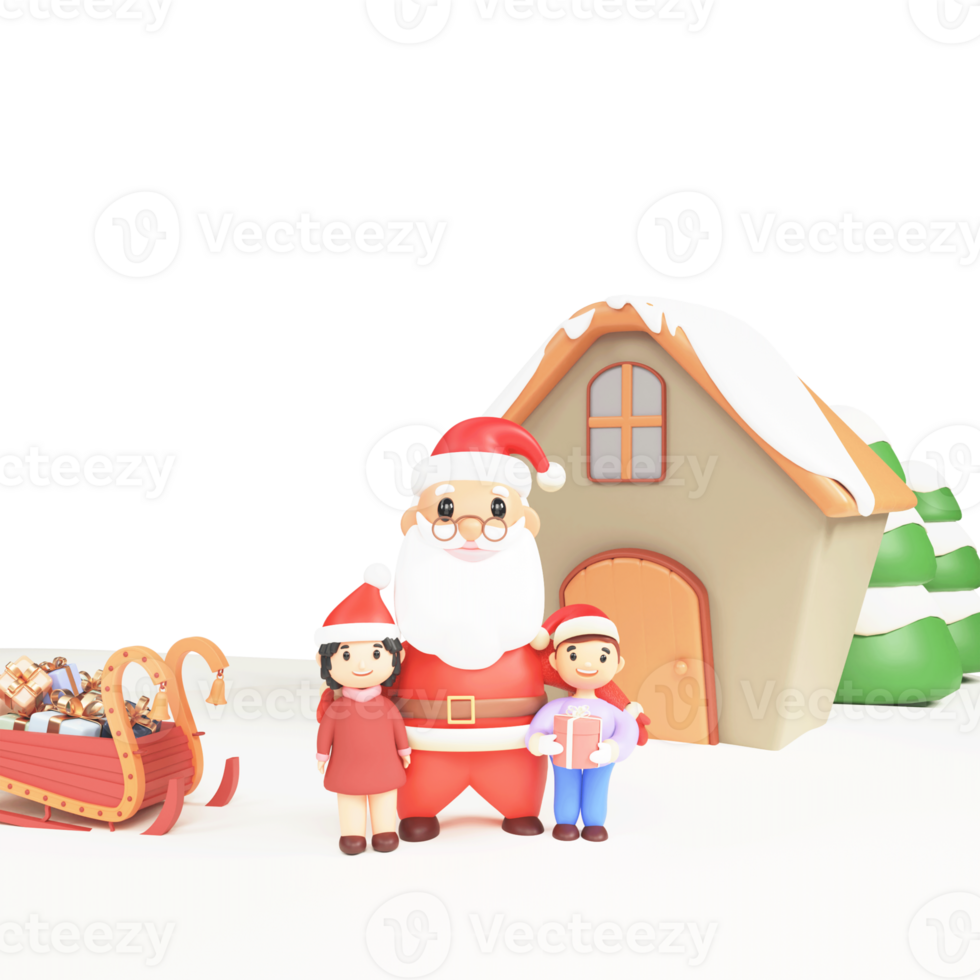 3D Santa Claus Standing With Kids In Front Of Snow House, Xmas Trees And Sleigh Full Of Gift Boxes Against Background. png