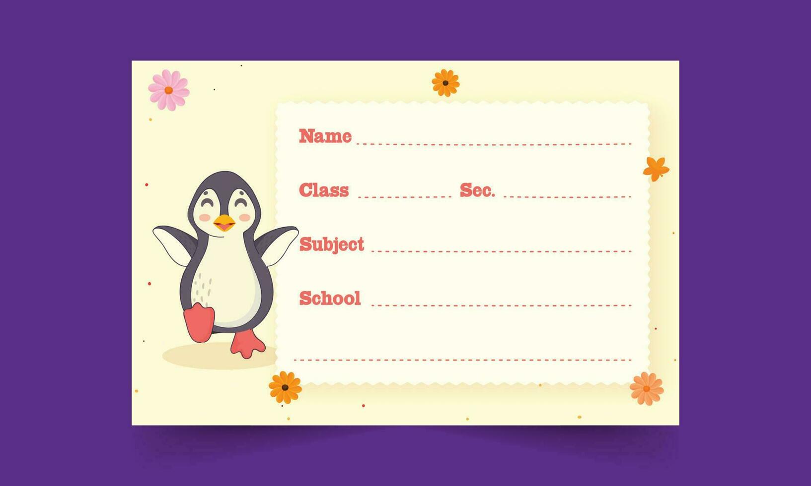 Cute Penguin With Flower Decorative Notebook Label Or Name Tag Against Purple Background. vector