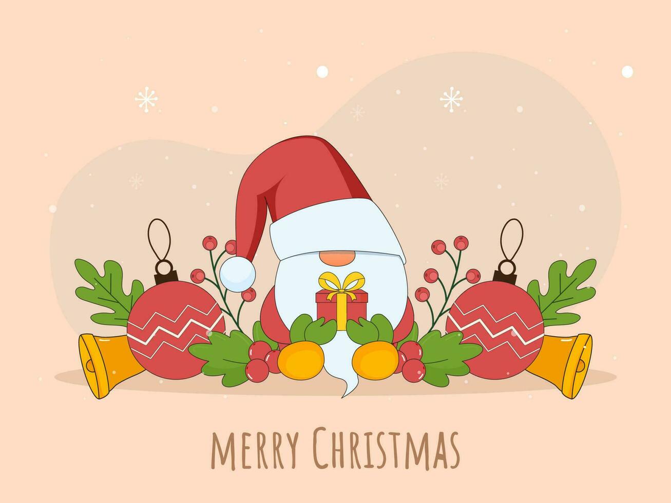 Merry Christmas Greeting Card With Cartoon Gnome Holding Gift Box And Festival Elements On Light Peach Background. vector