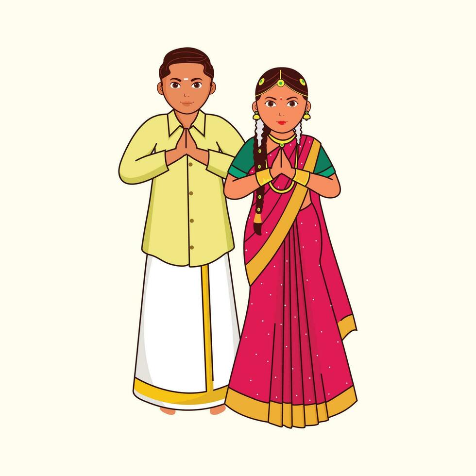 sur indio tamil nadu Boda Pareja saludo namaste en tradicional vestir en contra cósmico latté antecedentes. vector