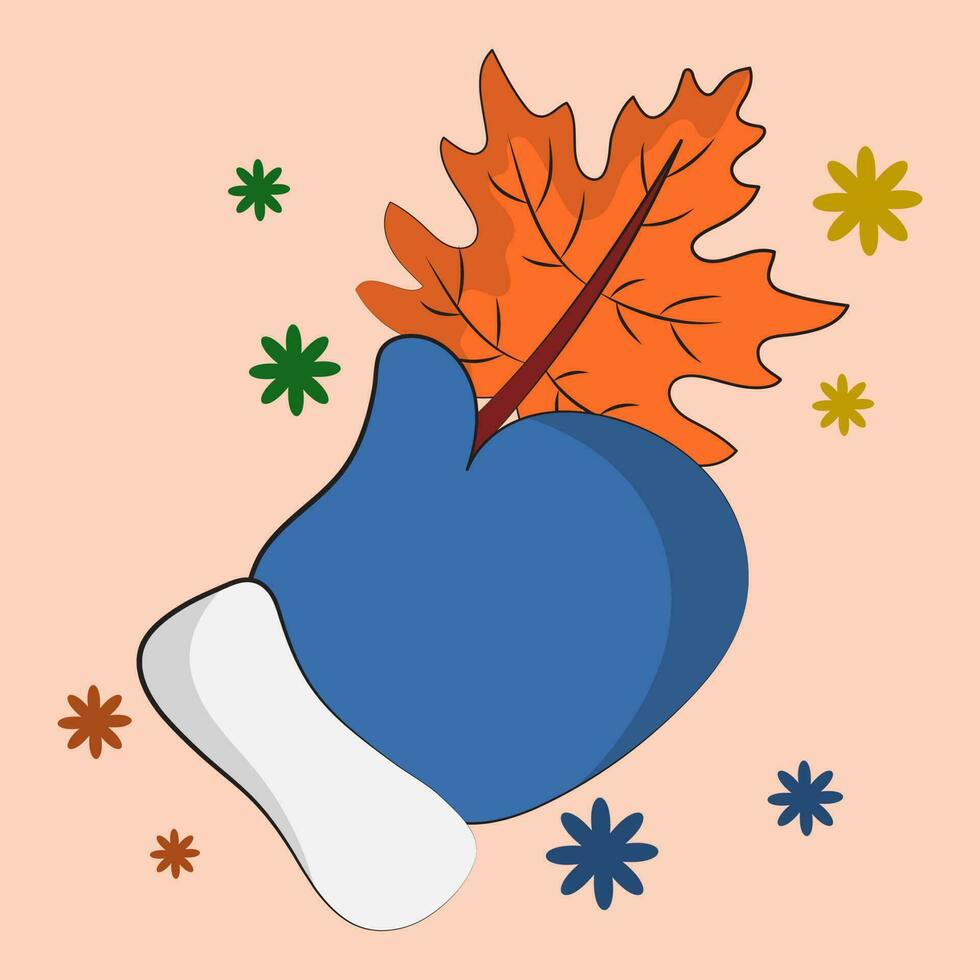 Flat Blue Gloves With Maple Leaf And Flowers On Peach Background. vector