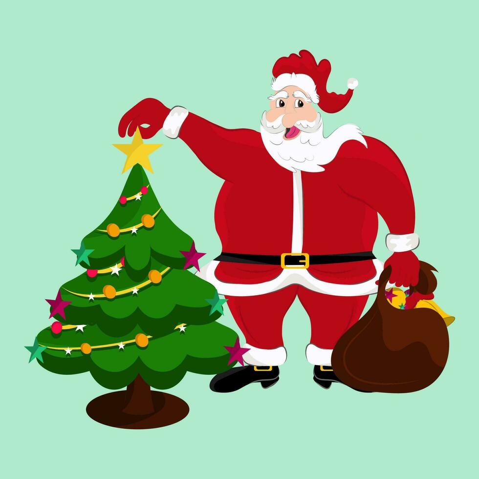 contento Papa Noel claus participación Navidad árbol con regalo bolso terminado pastel verde antecedentes. vector
