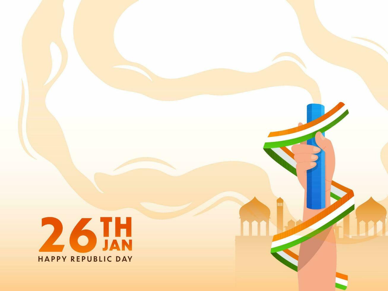 26th January, Happy Republic Day Concept With Human Hand Holding Smoke Bomb, Tricolor Ribbon And Silhouette Red Fort Monument On White Background. vector
