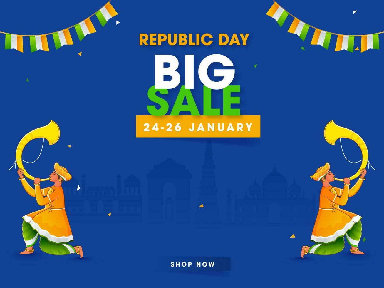 Republic Day Big Sale Poster Design With Tutari Player Men In Traditional Attire And Bunting Flags On Blue Famous Monument Background. vector