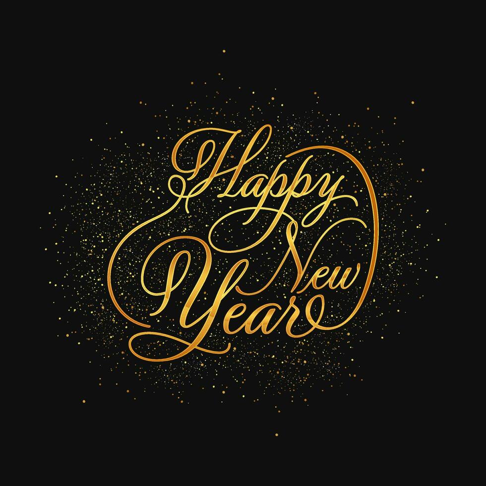 Golden Happy New Year Lettering On Black Glitter Background. vector