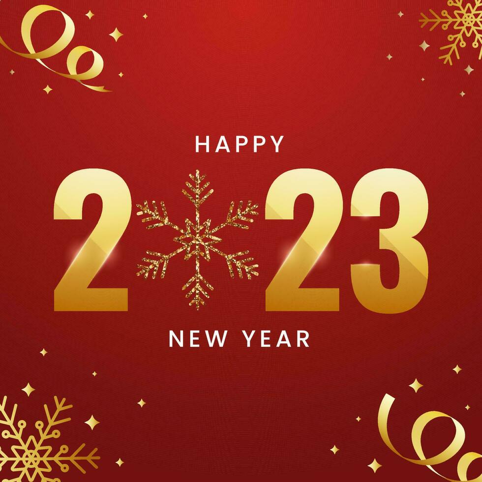 Golden 2023 Number With Glitter Snowflake, Curl Ribbons Against Red Background. vector