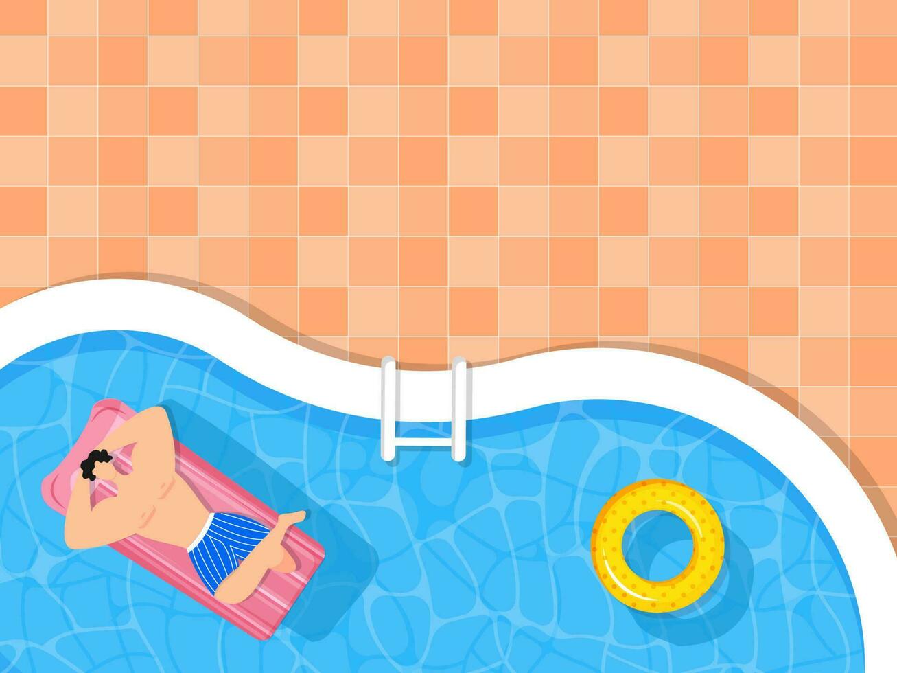 Top View Of Swimmer Man Lying Over Inflatable Bed On Swimming Pool And Orange Grid Pattern Background. vector