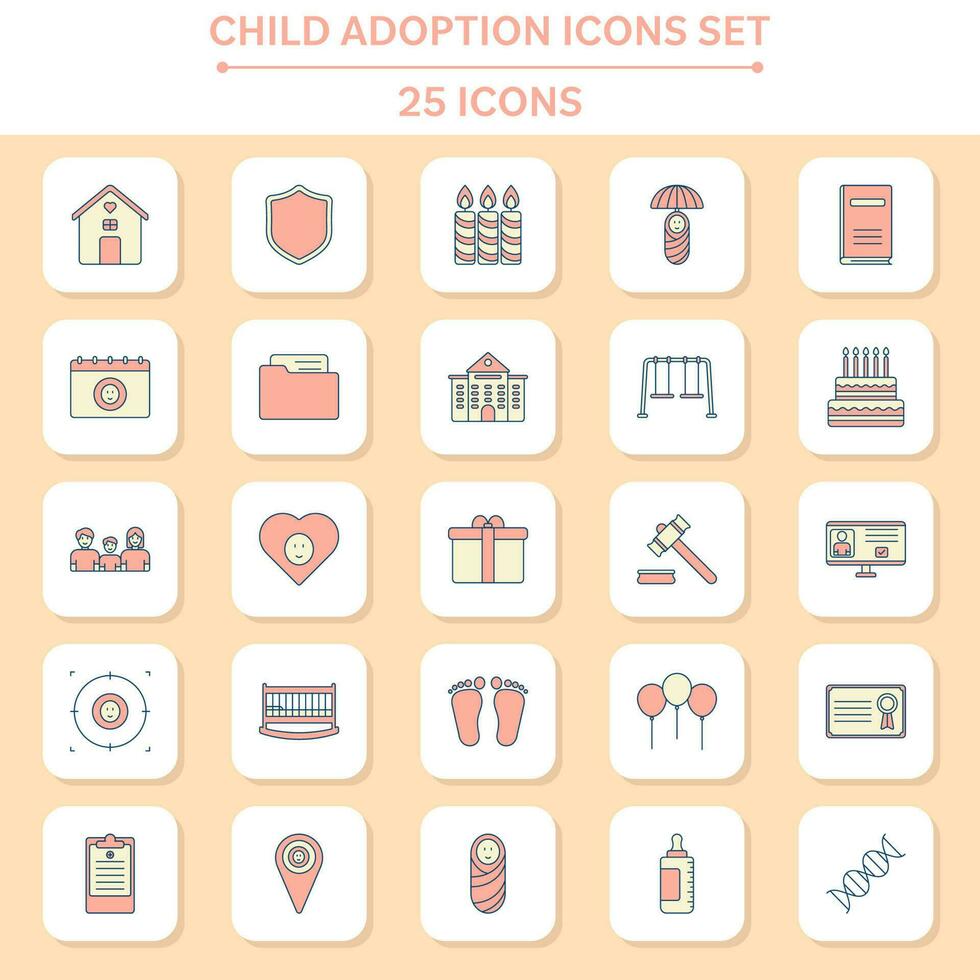 Peach And Yellow Color Set Of Child Adoption Icons In Square Background. vector