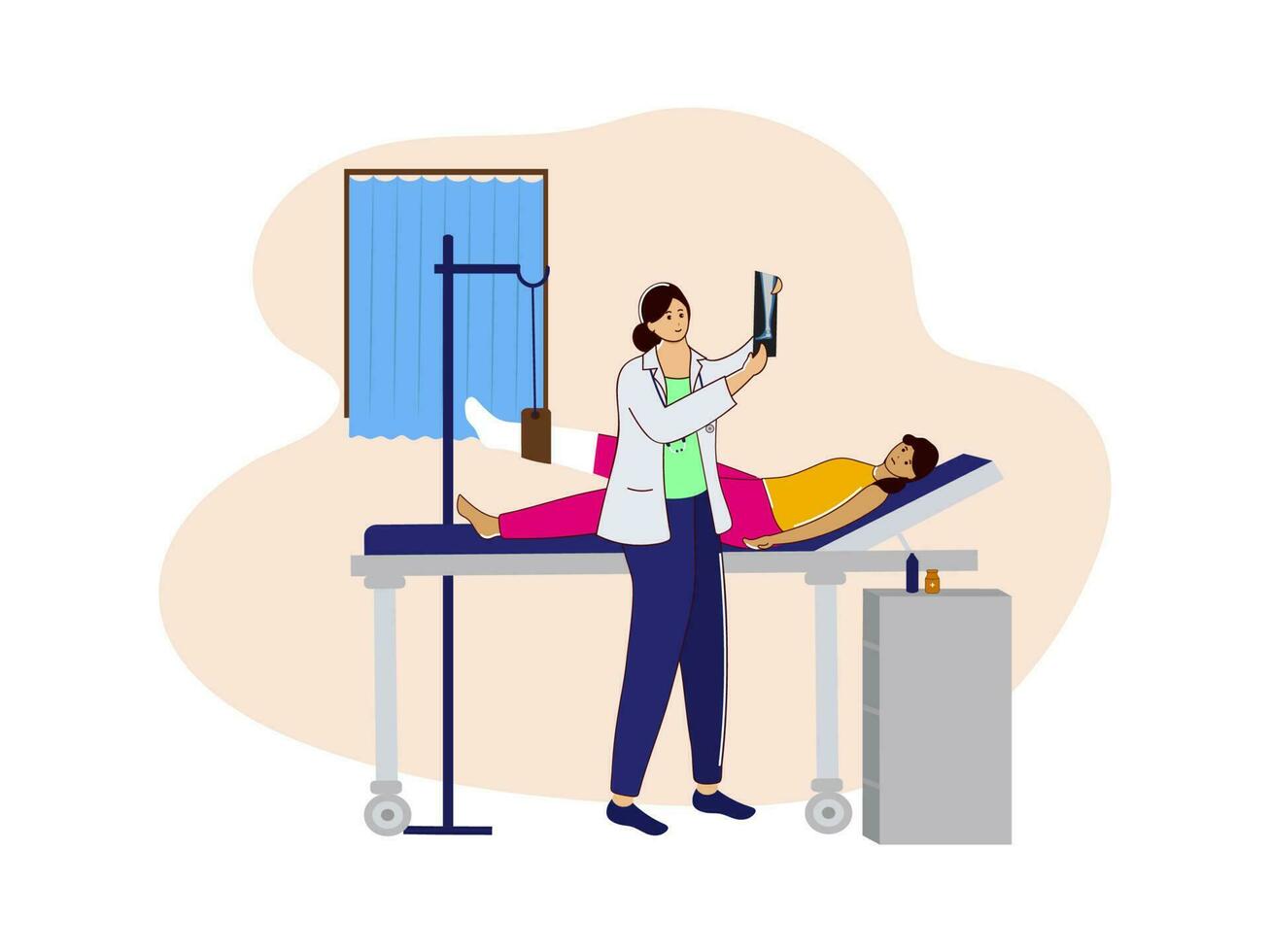 Vector Illustration Of Female Doctor Looking Bone X Ray Report For A Patient Lying With Fractured Leg On Bed In Hospital Room.