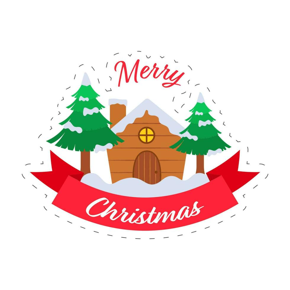 Merry Christmas Celebration Concept With Snow Covered Chimney House And Xmas Trees On White Background. vector