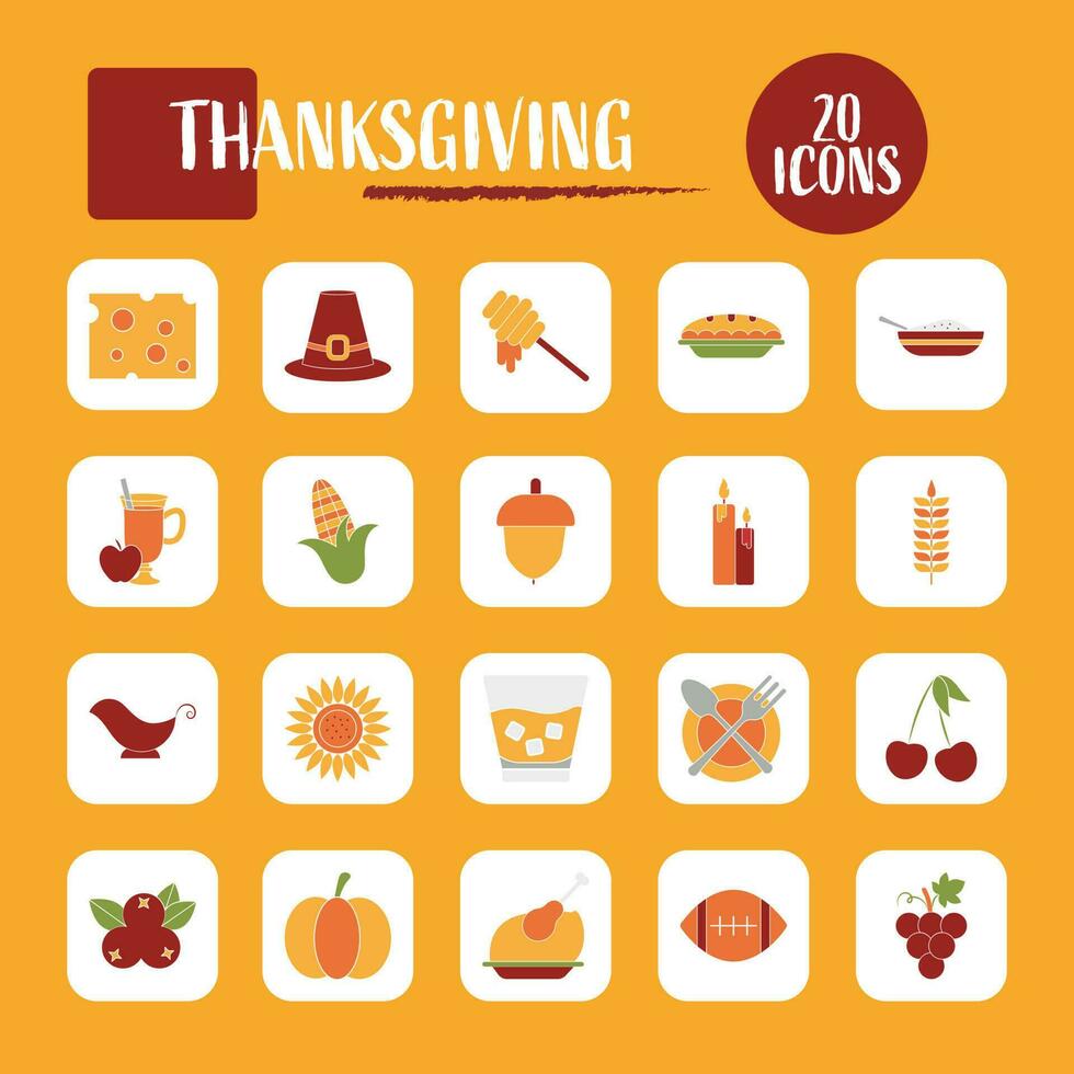Isolated Thanksgiving -20 Icon Set In Yellow Background. vector