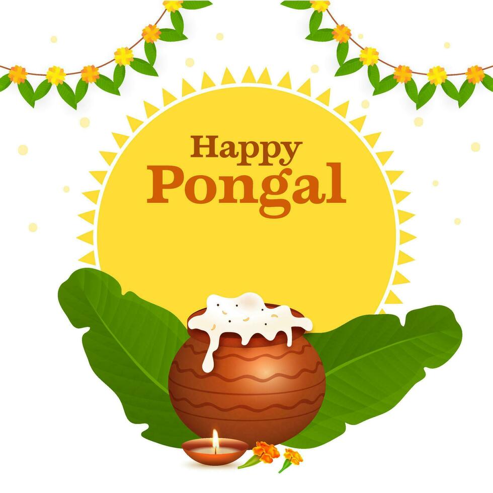 contento pongal celebracion concepto con barro maceta lleno de pongali arroz, iluminado petróleo lámpara, plátano hojas, floral guirnalda en amarillo y blanco antecedentes. vector