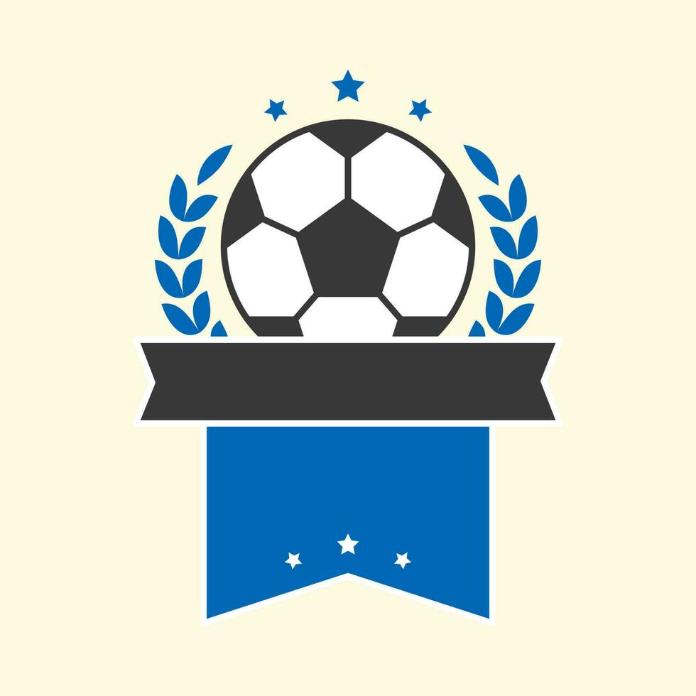 Flat Style Laurel Leaves With Soccer Ball And Blank Ribbon Against Cosmic Latte Background. vector