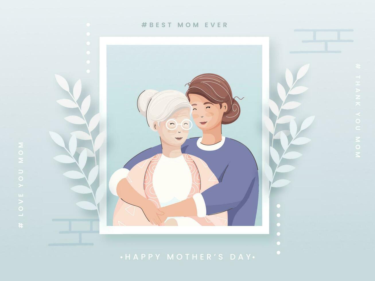 Vector illustration of young girl hugging her mother from side, beautiful grey background decorated by white paper leaves. Concept for Happy Mother's Day.
