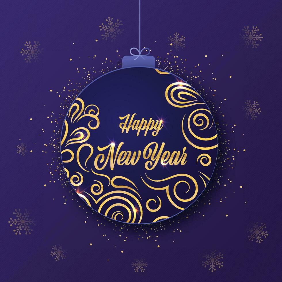 Golden Happy New Year Font Over Bauble Shape Frame Hang With Particle Dots And Snowflakes On Violet Background. vector