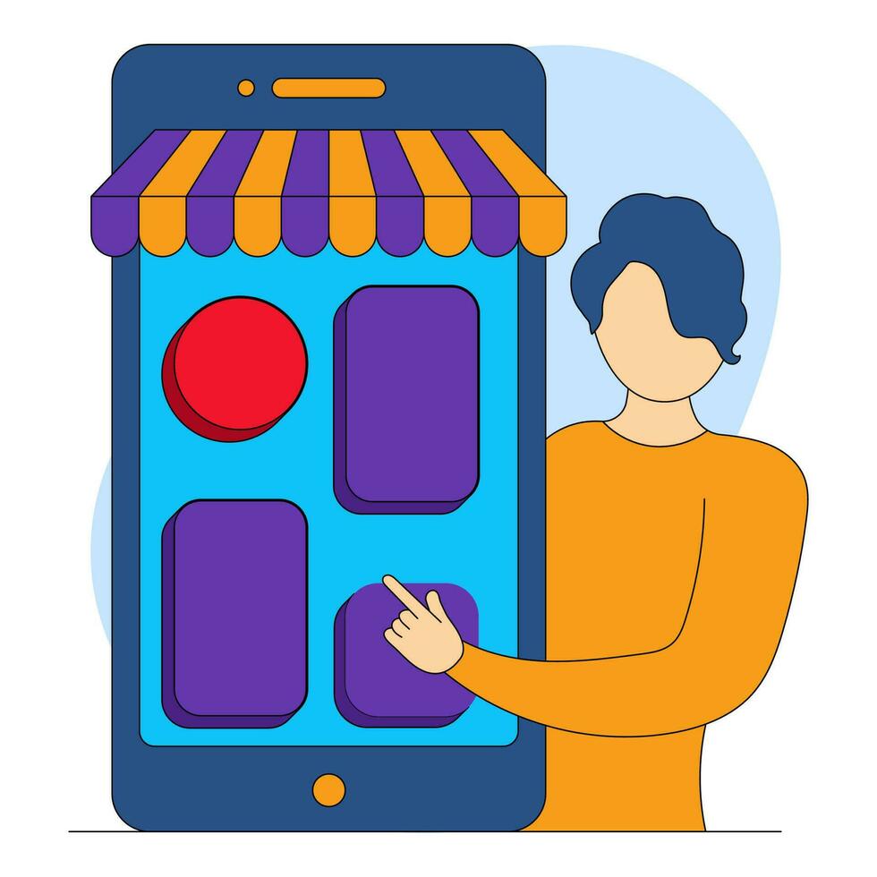 sin rostro mujer ordenando en línea desde e-shop en teléfono inteligente en azul y blanco antecedentes. vector