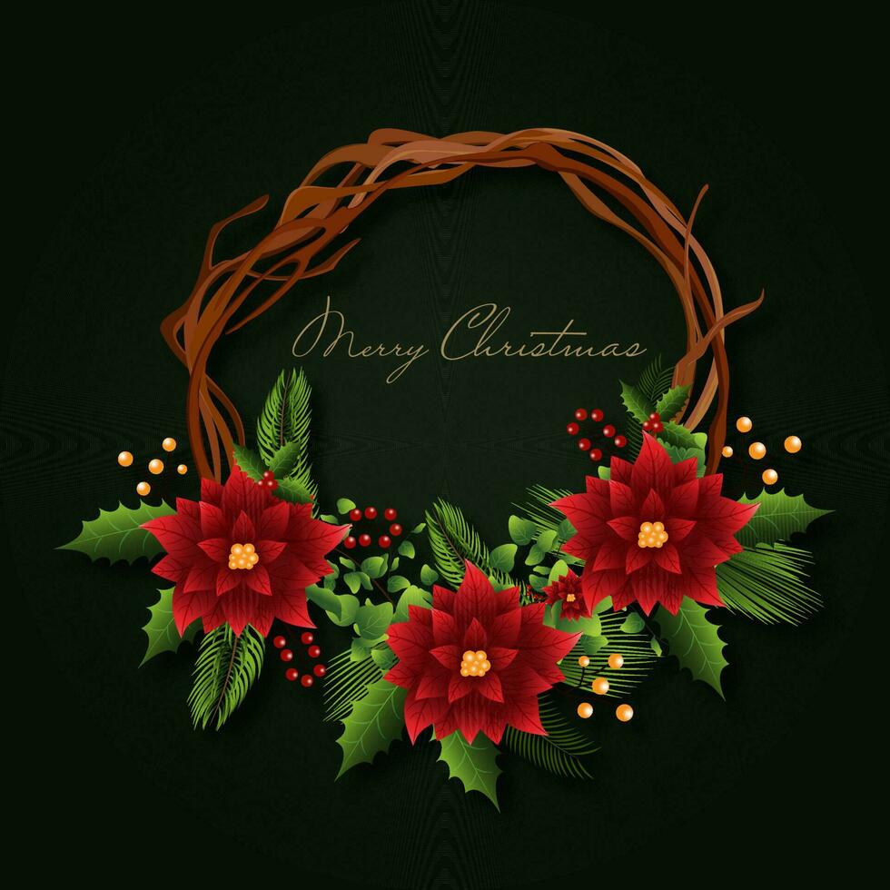 Merry Christmas Greeting Card With Wreath Decorated From Poinsettia Flower, Leaves And Berries On Dark Green Background. vector
