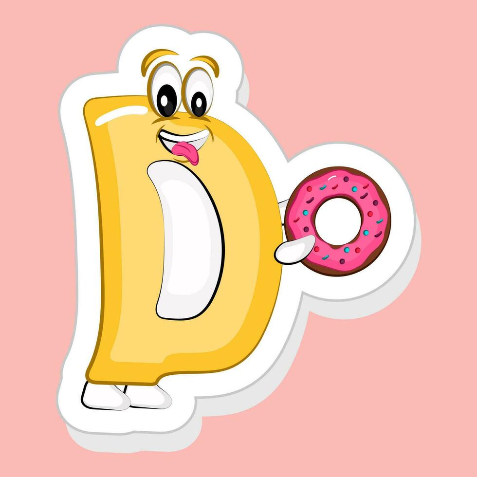 Sticker Style Yellow D Alphabet Cartoon Character Holding Donuts Icon. vector