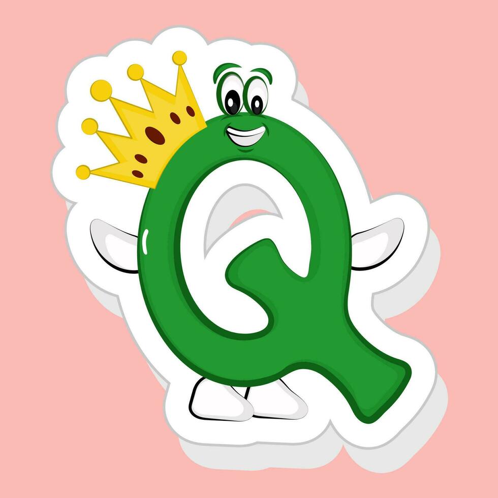 Sticker Style Green Q Alphabet Cartoon Wearing Crown On Pink Background. vector