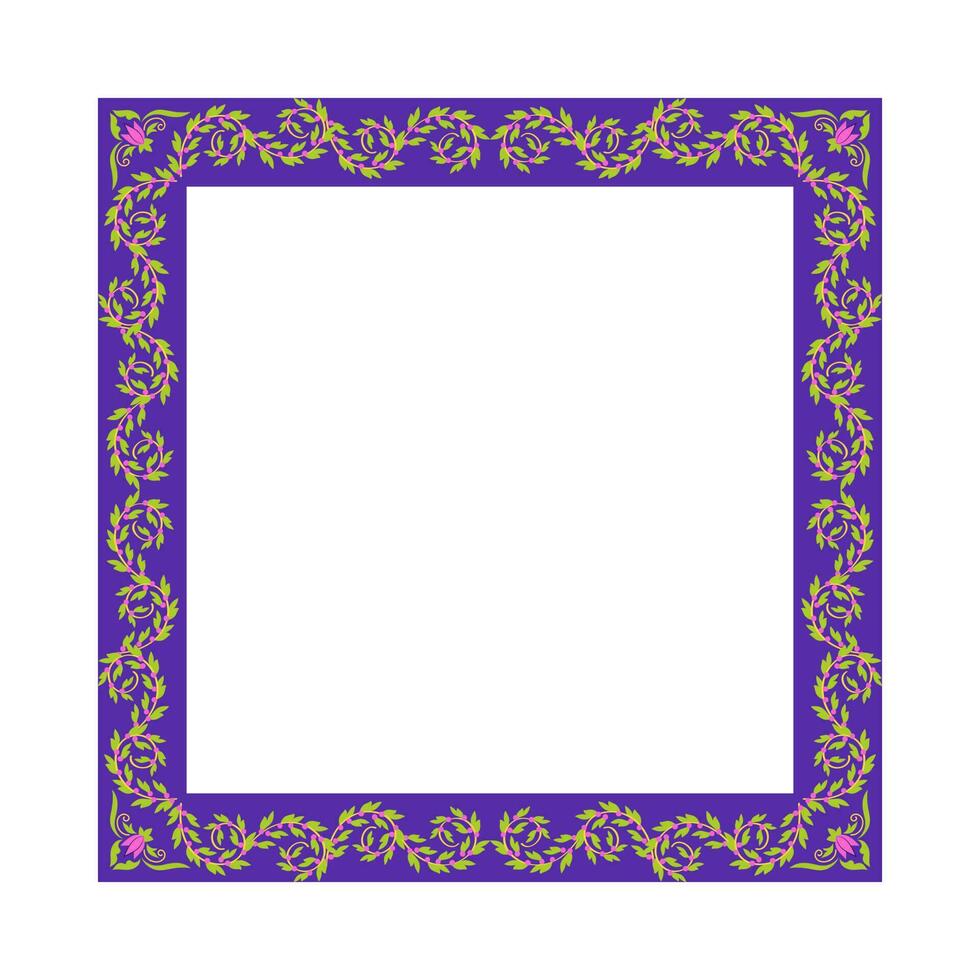 Purple And Green Filigree Square Frame Over White Background. vector