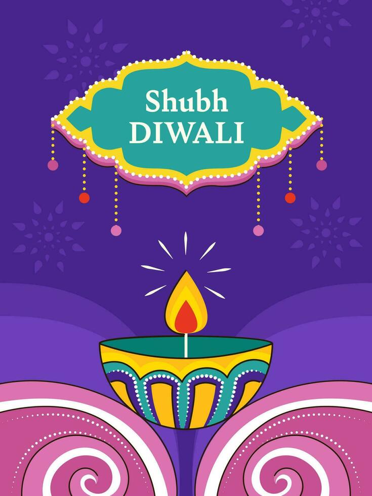 Happy Diwali Greeting Card With Lit Oil Lamp On Pink And Purple Background. vector