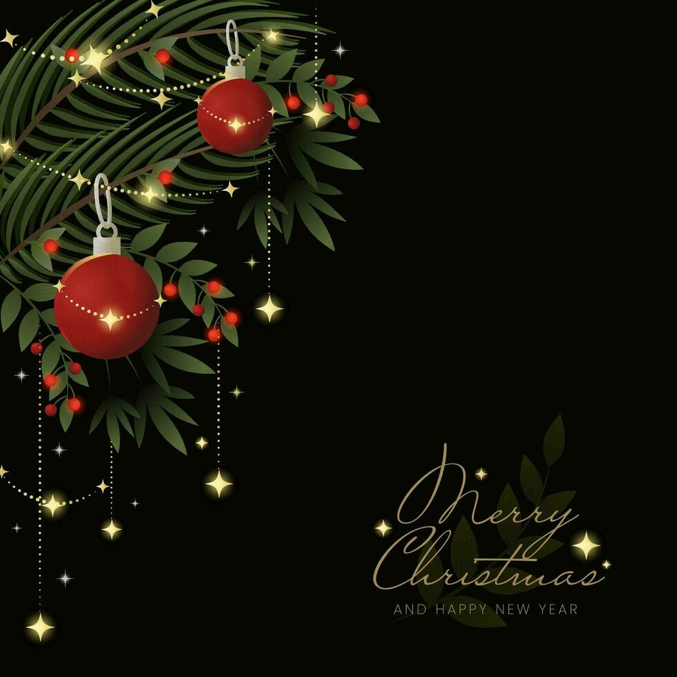 Merry Christmas And Happy New Year Font With Baubles, Berry Branch, Fir Leaves, Golden Stars On Black Background. vector