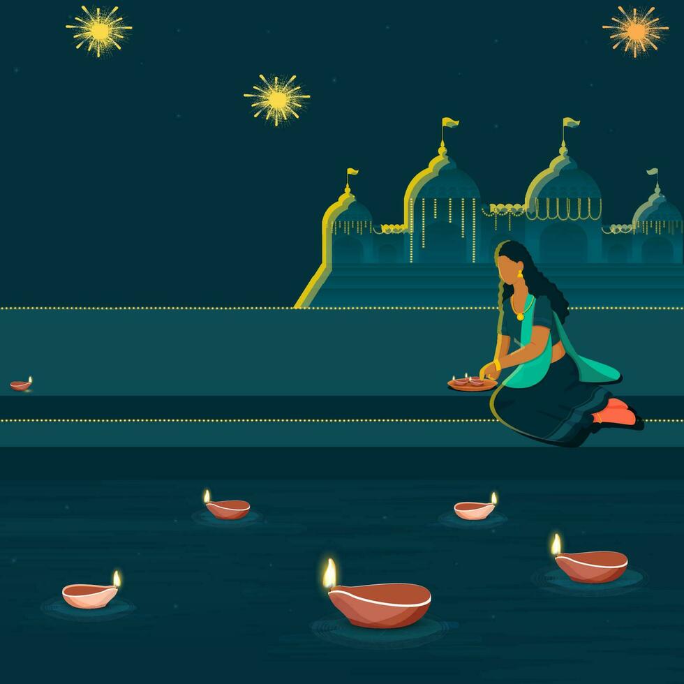 Faceless Indian Young Woman Releasing Lit Oil Lamps Over River Near Ayodhya View On Blue Background. vector