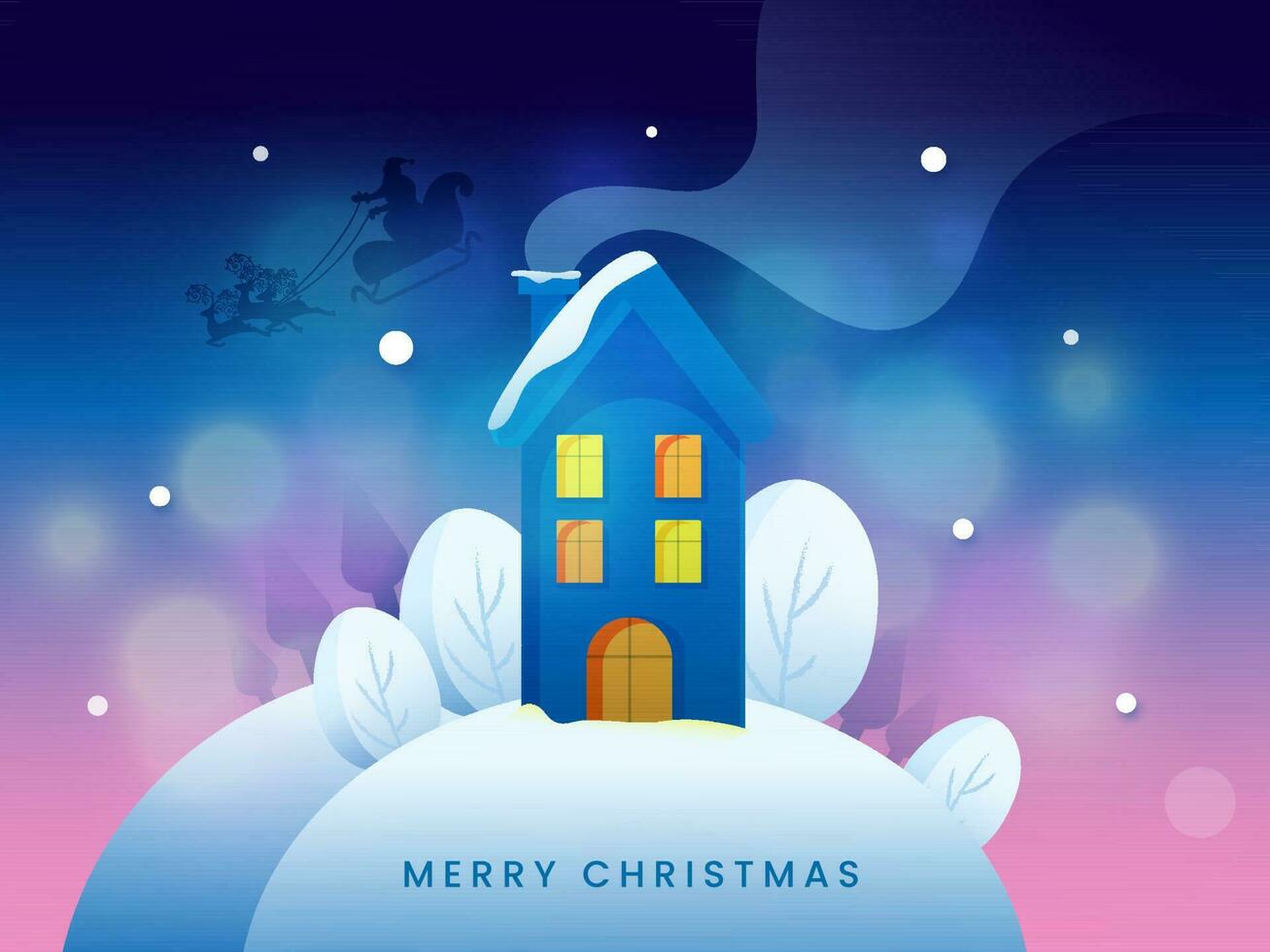 alegre Navidad concepto con Nevado Chimenea casa, silueta Papa Noel claus montando reno trineo en degradado azul y rosado bokeh antecedentes. vector