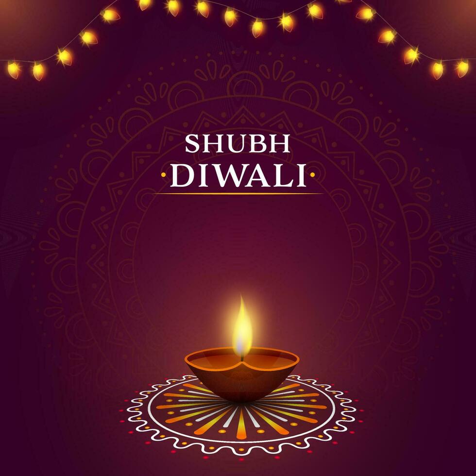 contento diwali celebracion póster diseño con iluminado realista petróleo lámpara terminado rangoli y Encendiendo guirnalda en púrpura antecedentes. vector