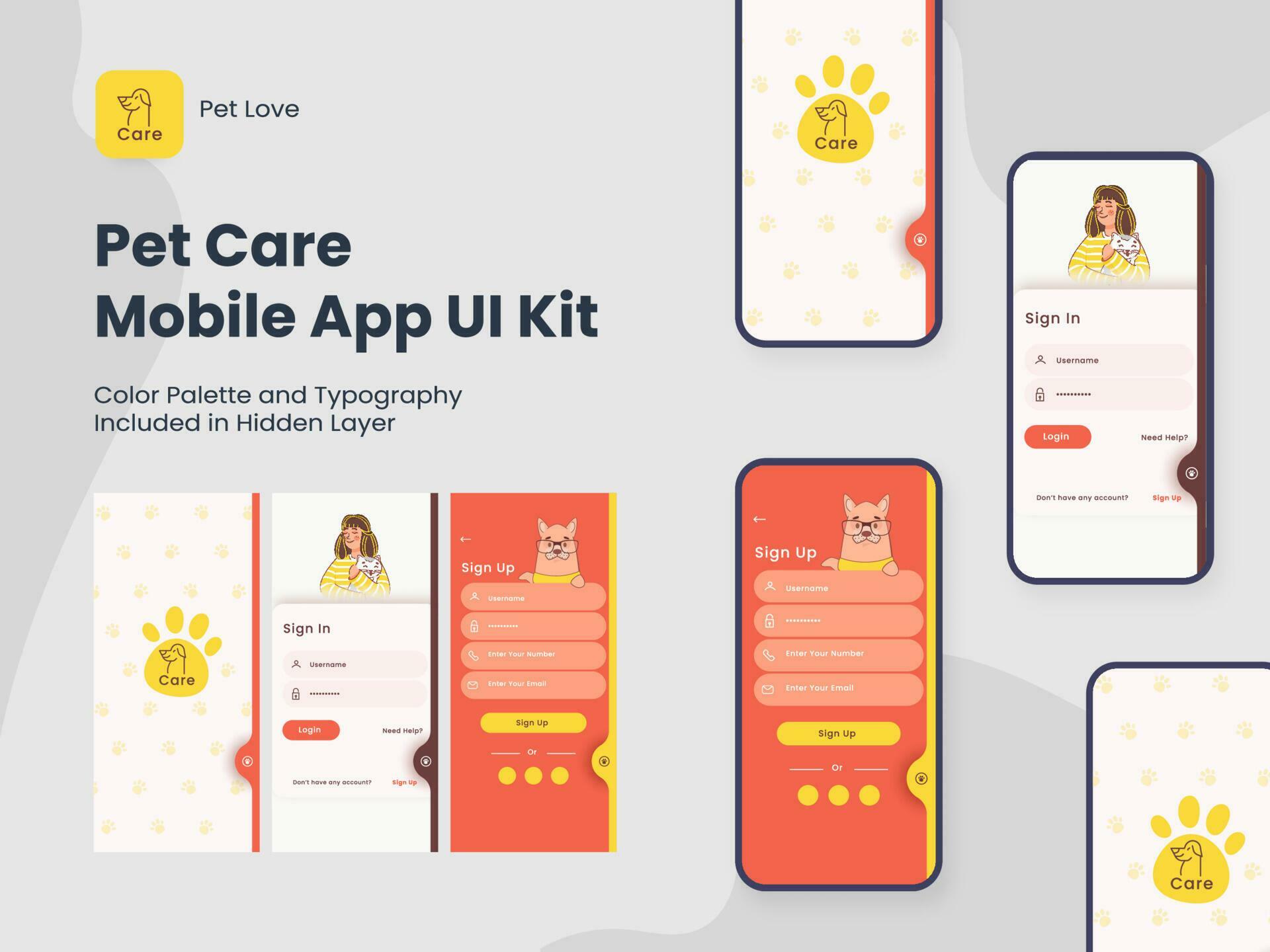 Pet Care App UI Kit Including Sign In, Sign Up Screens for Mobile ...