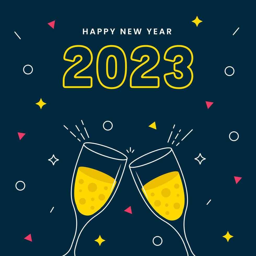 2023 Happy New Year Greeting Card With Toast Glass On Blue Background. vector