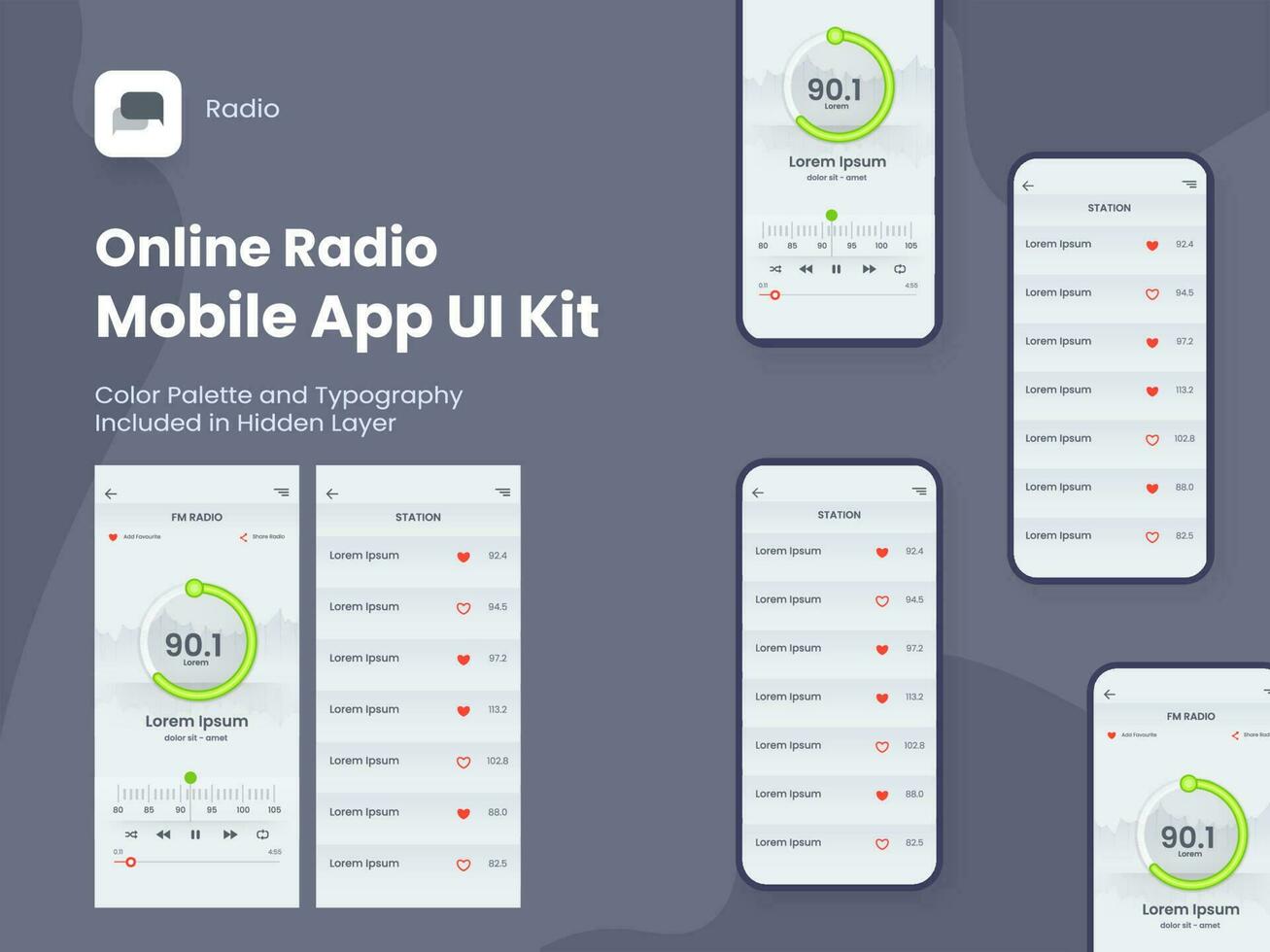 en línea radio móvil aplicación ui equipo incluso fm radio, estación pantallas para sensible sitios web vector