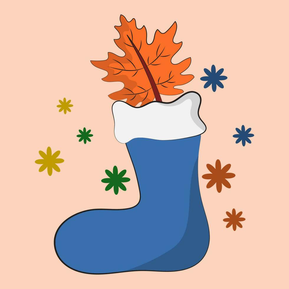 Isolated Blue Furry Boot Or Socks With Maple Leaf And Flowers Against Peach Background. vector