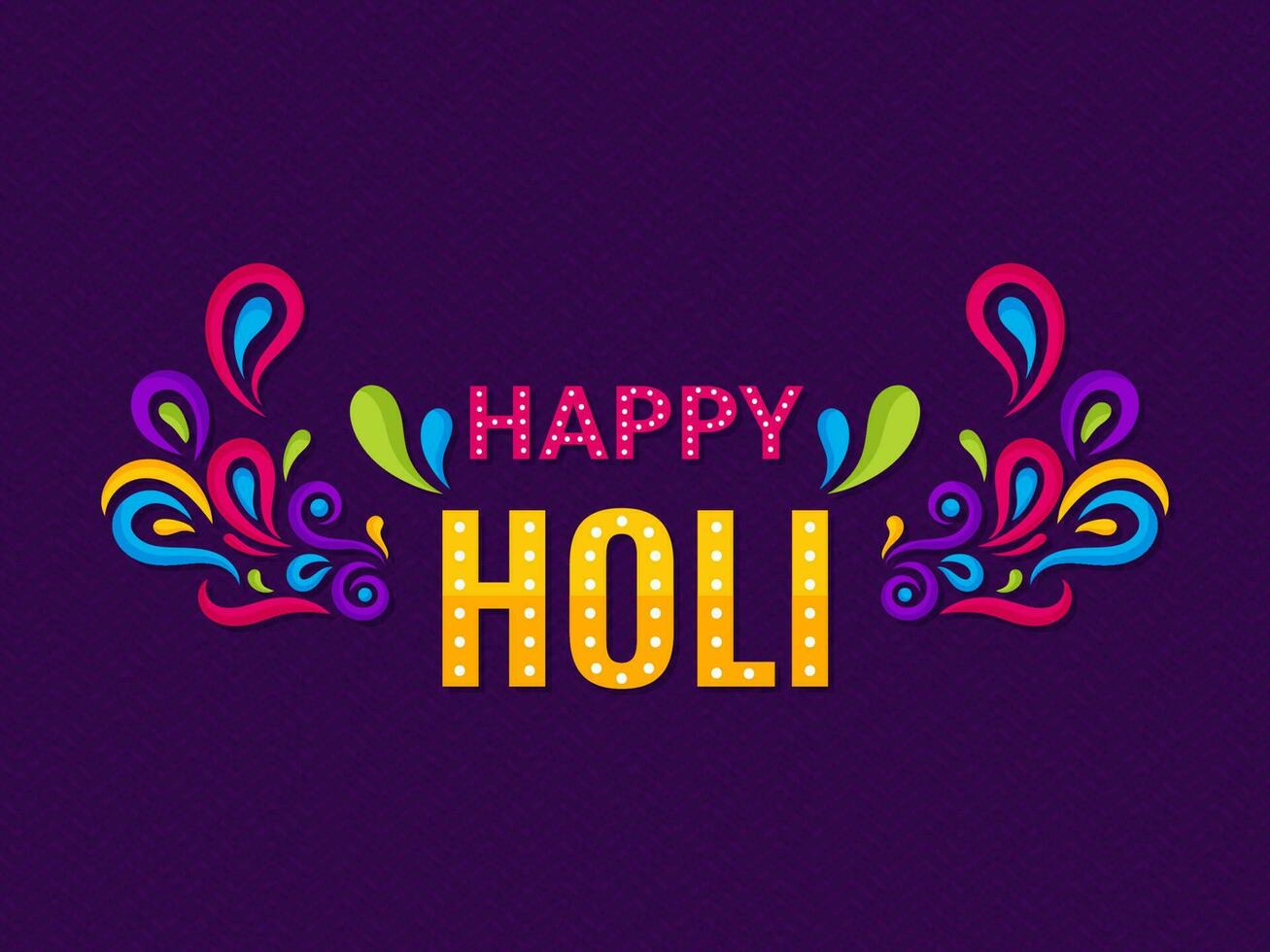 Vector Marquee Lights Happy Holi Text With Colorful Arc Drops On Purple Zigzag Line Pattern Background.