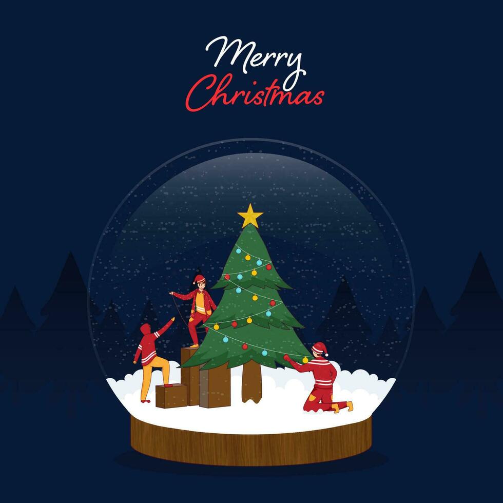 alegre Navidad celebracion concepto con dibujos animados Niños decorando Navidad árbol en nieve globo en contra azul antecedentes. vector