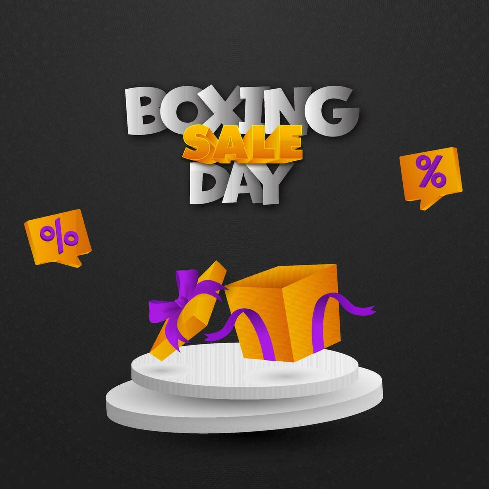 Boxing Day Sale Poster Design With Realistic Open Gift Box Over 3D Podium Or Stage And Percentage Chat Symbol On Black Background. vector