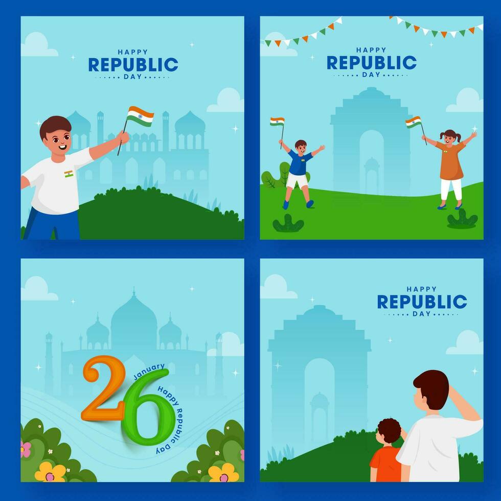 Social Media Republic Day Post Or Template Design In Four Options. vector