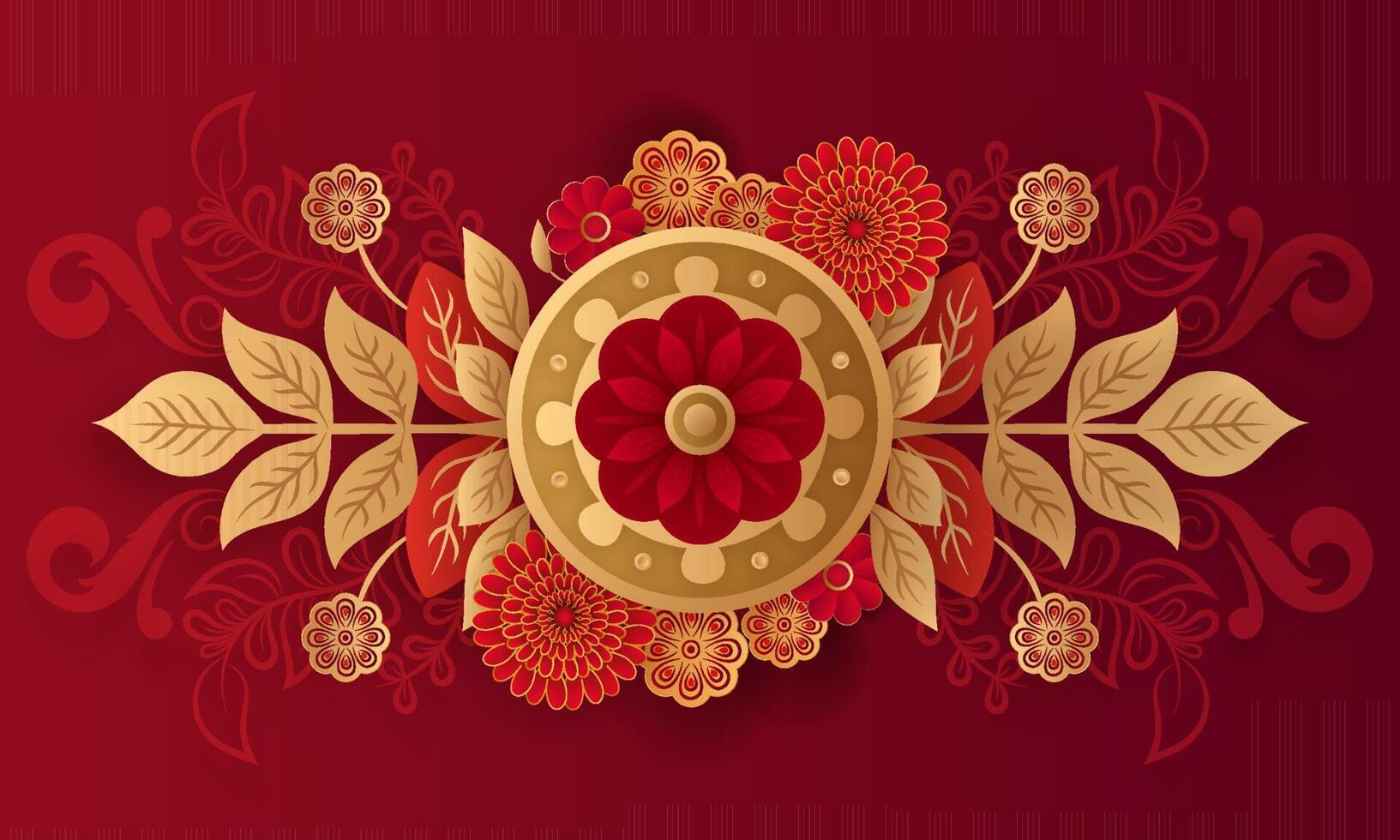 Red And Golden Volumetric Floral Horizontal Background or Greeting Card Design. Illustration. vector