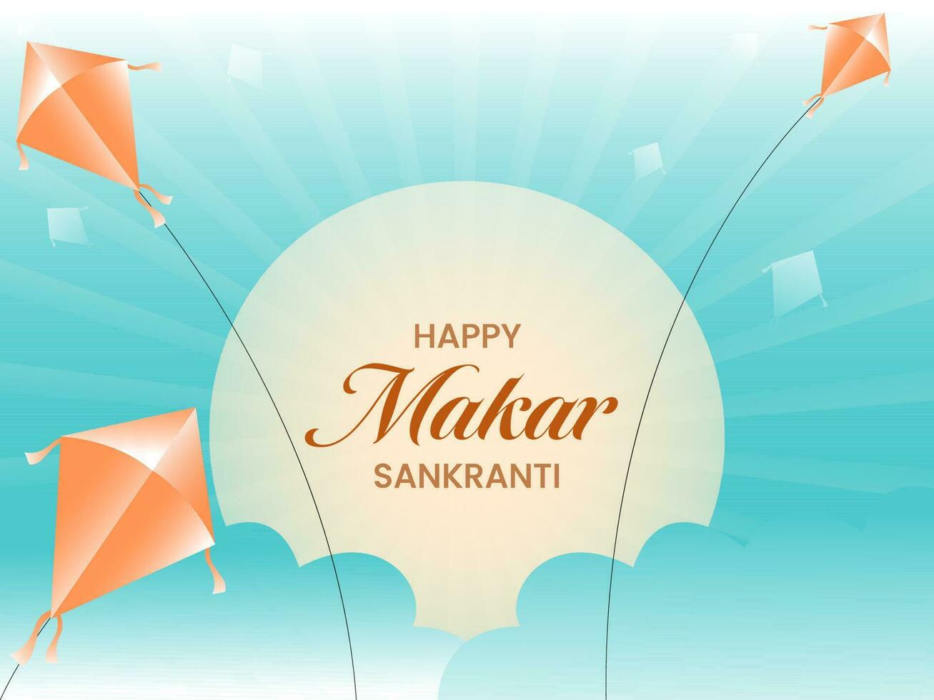 Happy Makar Sankranti Font With Flying Kites On Sun Blue Rays Background. vector