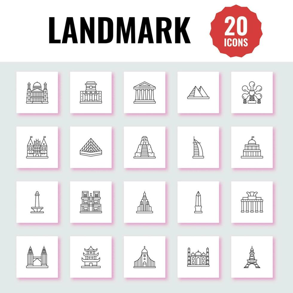 Black Line Art Set Of Landmark Icons In Square Background. vector