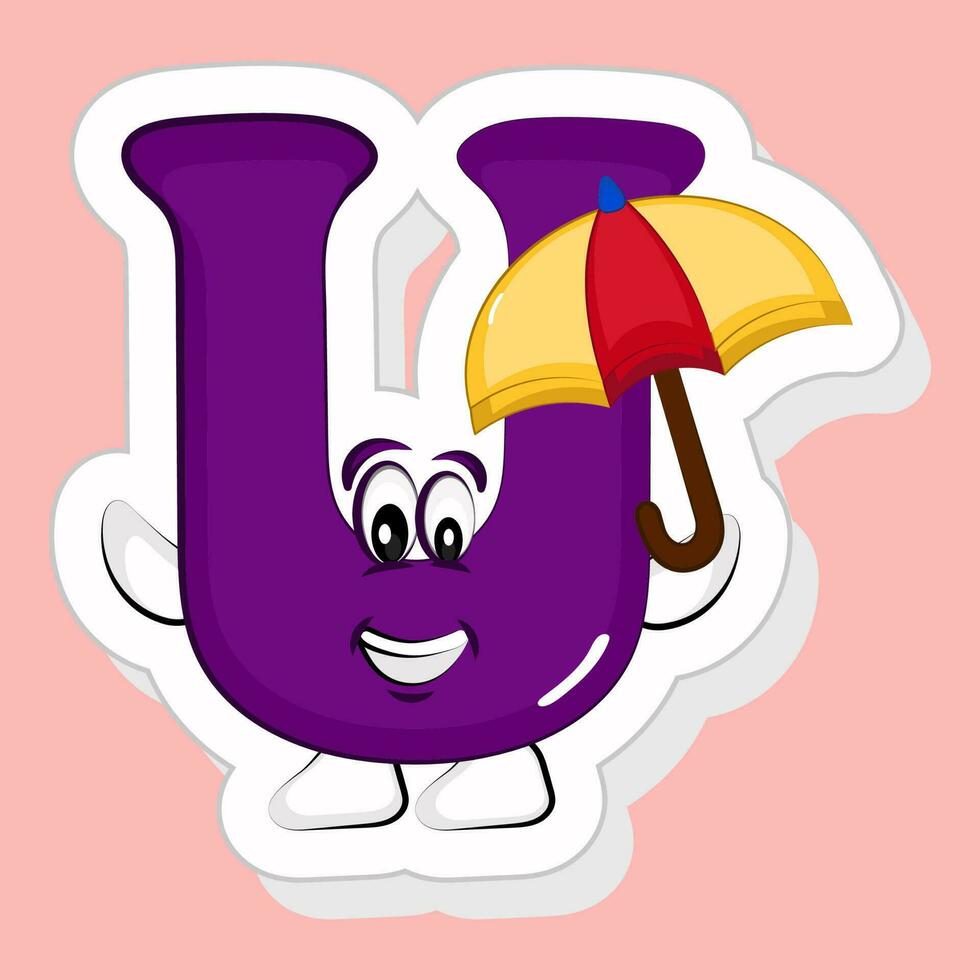 Sticker Style Purple U Alphabet Cartoon Character Holding Umbrella On Pink Background. vector