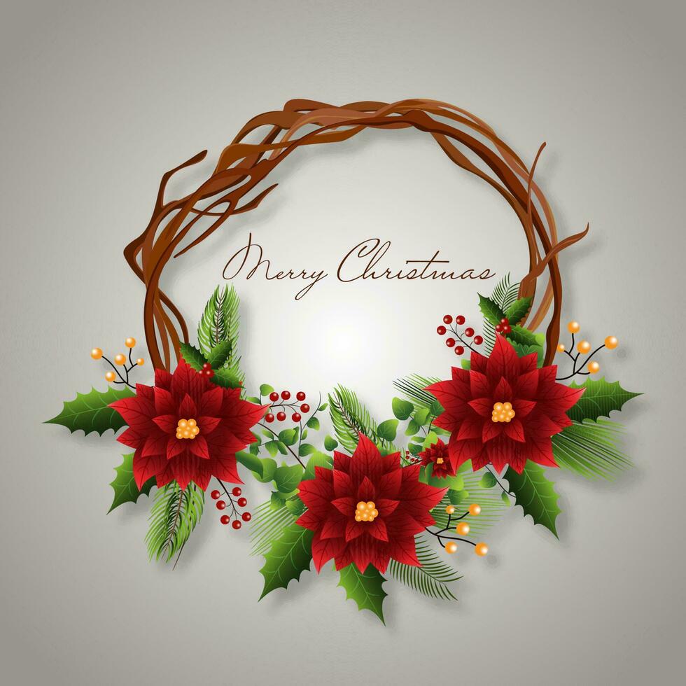 Merry Christmas Greeting Card With Wreath Decorated From Poinsettia Flower, Leaves And Berries On Gray Background. vector