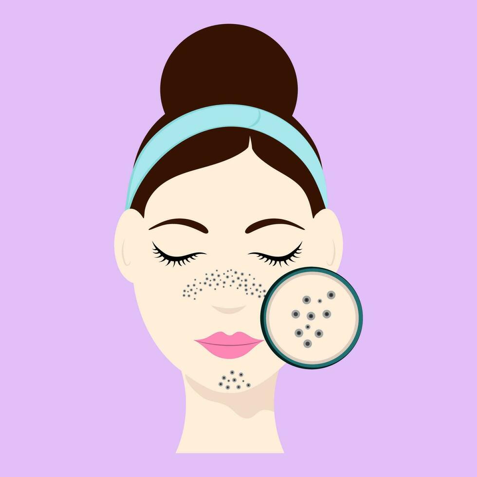 Beautiful Smart Woman With Blackheads On Face Icon Over Pink Background. vector