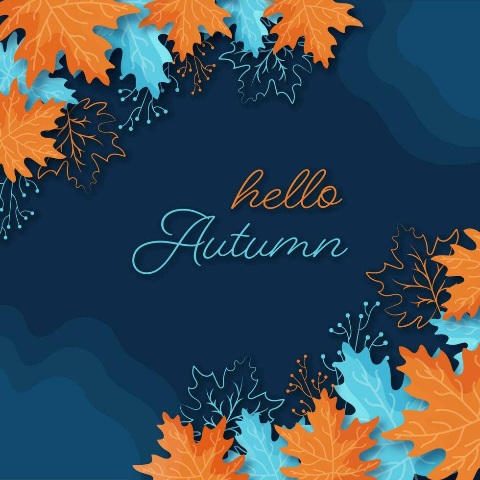 Hola otoño fuente con parte superior ver de arce hojas y baya vástago decorado en azul antecedentes. vector