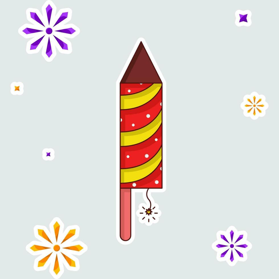 Isolated Sticker Of Flying Rocket Firecracker With Fireworks Grey Background. vector