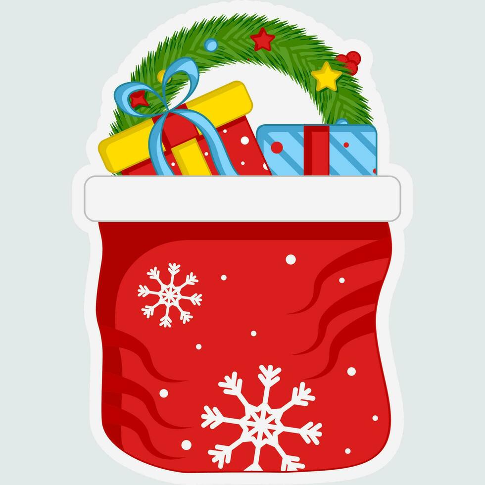 Isolated Sticker Style Christmas Bag With Full Of Gift Ornament Icon. vector