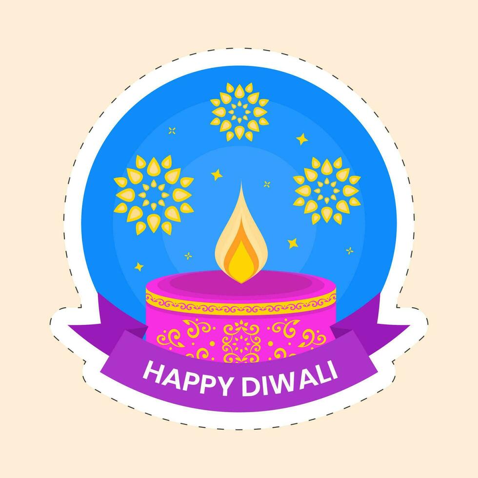 Burning Candle Against Mandala Blue Background For Happy Diwali Sticker. vector